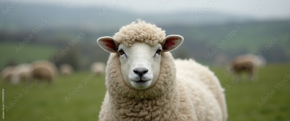 Fototapeta premium Curious sheep with fluffy wool grazing on green hillside