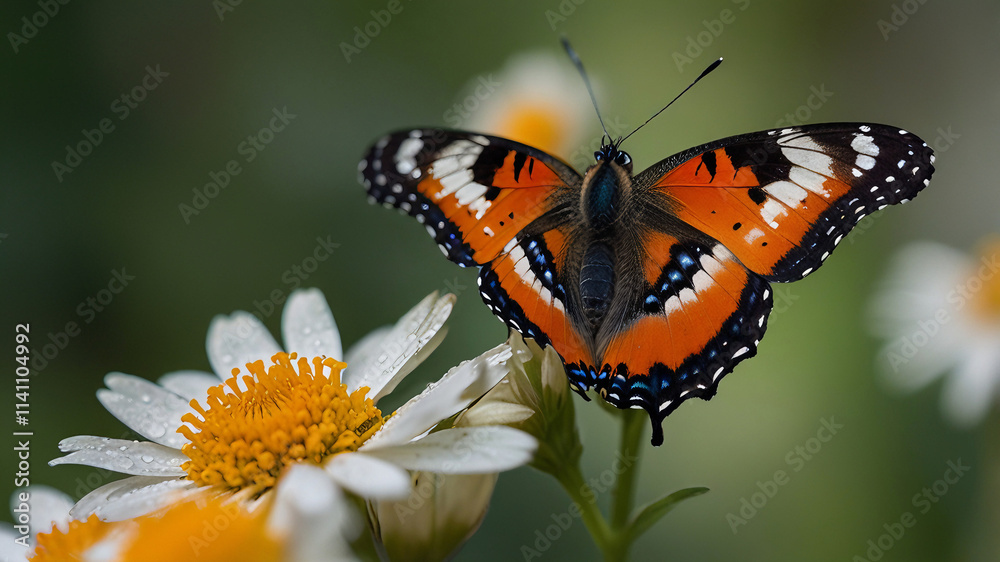 Obraz premium Colorful butterfly with striking patterns rests on a flower petal. Morning light enhances the details, while a blurred green and gold background adds warmth and serenity to the scene.