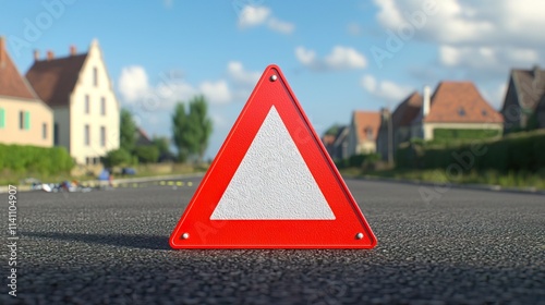 Emergency Triangle in Rural Setting on Roadway The red emergency triangle signals danger on the road concept.