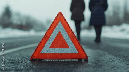 Emergency Reflection with Red Triangle on Road The red emergency triangle signals danger on the road concept.