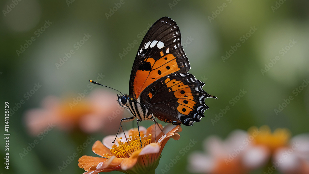 Macro nature shot of a butterfly perched on a delicate flower. Its vibrant wings contrast beautifully with the soft, golden green bokeh background, enhancing the serene atmosphere. Macro nature shot of a butterfly perched on a delicate flower. Its vibrant wings contrast beautifully with the soft, golden green bokeh background, enhancing the serene atmosphere.