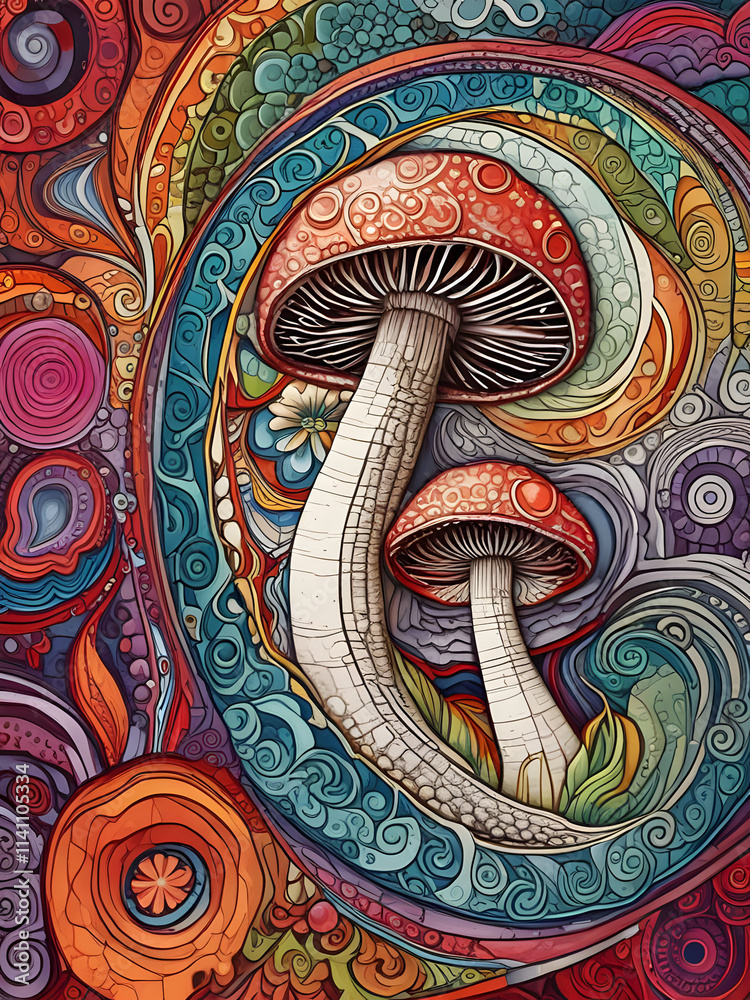 Obraz premium bright colorful mushrooms mosaic, doodle art, abstract, surrealism