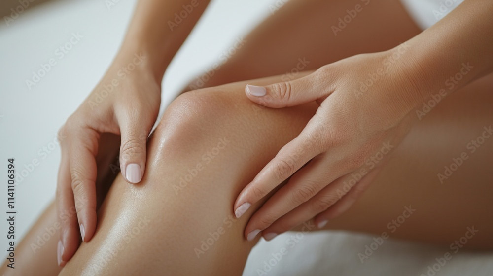 Gentle Massage of a Knee with Relaxing Aroma, Client feels aroma during massage concept. Gentle Massage of a Knee with Relaxing Aroma, Client feels aroma during massage concept.