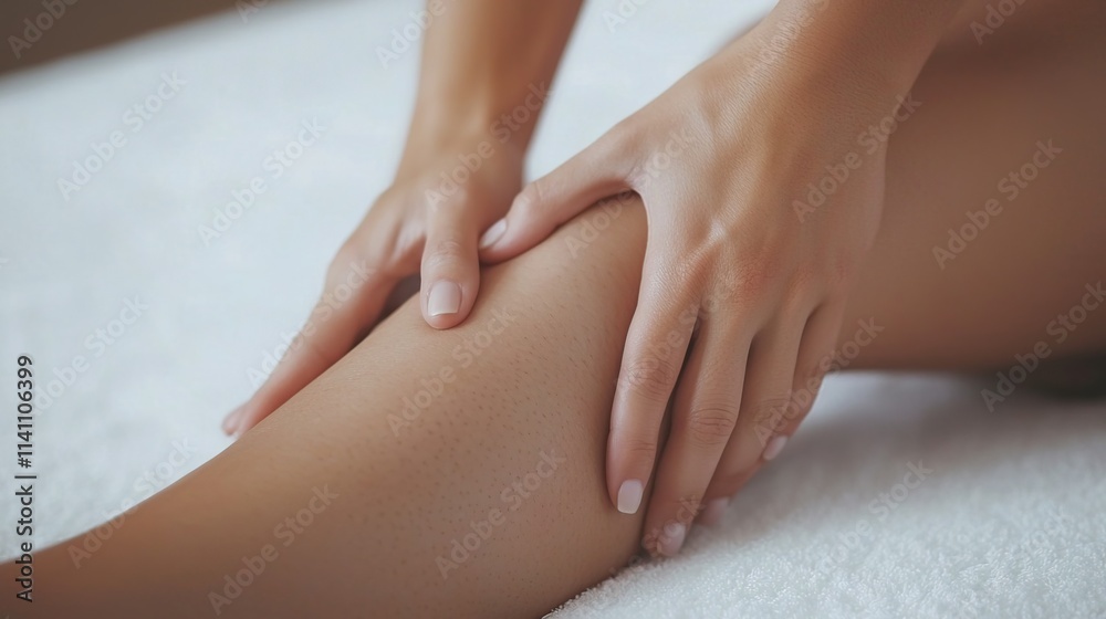 Hands Giving Relaxing Massage on Smooth Leg, Client feels aroma during massage concept. Hands Giving Relaxing Massage on Smooth Leg, Client feels aroma during massage concept.