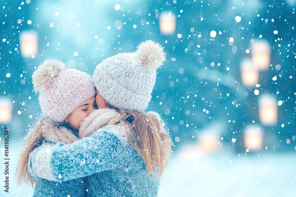 Two women share a warm embrace in a snowy landscape surrounded by glowing lanterns during a winter celebration Two women share a warm embrace in a snowy landscape surrounded by glowing lanterns during a winter celebration
