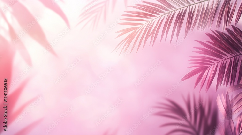 Pink tropical palm leaves and sunlight shadows background.