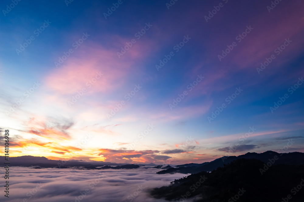 Amazing Sunrise or sunset over mountains hills covered with mist, Aerial view landscape drone shot beautiful colorful nature background Amazing Sunrise or sunset over mountains hills covered with mist, Aerial view landscape drone shot beautiful colorful nature background