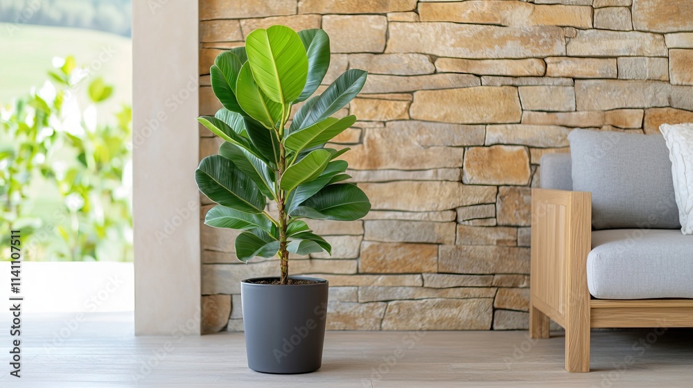 Stylish Fig Plant in a Modern Living Room, A rubber fig plant brightens any living room concept. Stylish Fig Plant in a Modern Living Room, A rubber fig plant brightens any living room concept.
