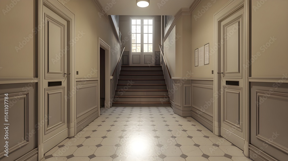 Hostel hallway, modern room doors and clean walls, staircase and lobby entrance view Hostel hallway, modern room doors and clean walls, staircase and lobby entrance view