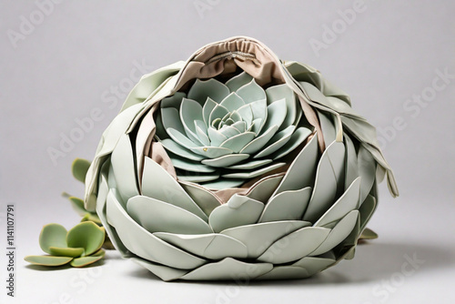 A bag resembling a succulent plant, with each petal unfolding when you open it, revealing more space inside. with whitebackground