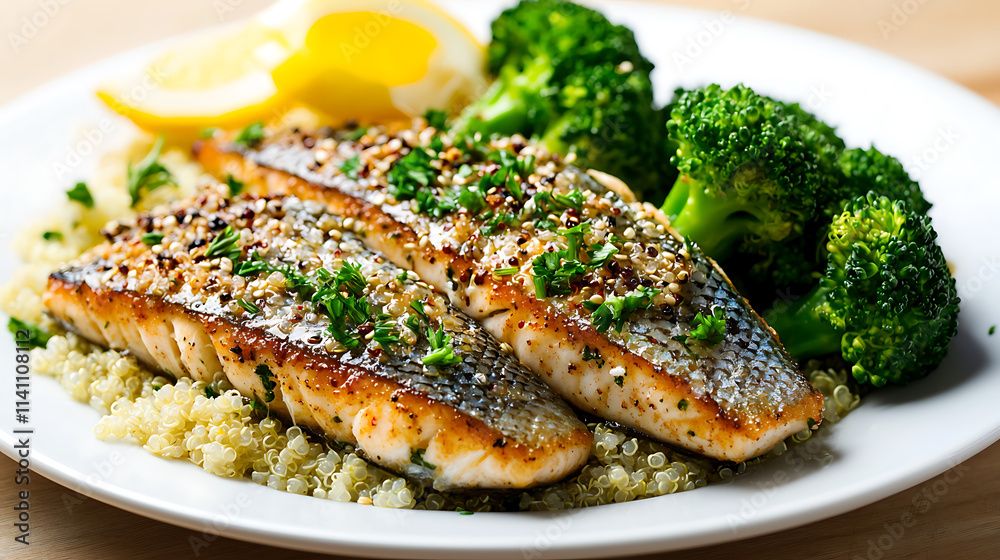 Grilled mackerel served with quinoa and steamed broccoli, garnished with herbs and lemon. healthy and delicious meal option Grilled mackerel served with quinoa and steamed broccoli, garnished with herbs and lemon. healthy and delicious meal option