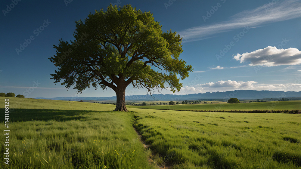 Breathtaking view of an endless green field under a blue sky, with a few trees enhancing the scenery. Perfect for nature photography, landscape scenery, relaxing view, and travel background. Breathtaking view of an endless green field under a blue sky, with a few trees enhancing the scenery. Perfect for nature photography, landscape scenery, relaxing view, and travel background.