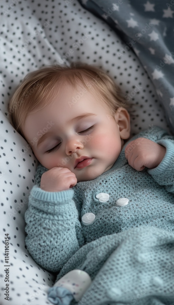 Serene Slumber Adorable Baby in Blue Pajamas Sleeping Peacefully on a Soft, White Blanket Serene Slumber Adorable Baby in Blue Pajamas Sleeping Peacefully on a Soft, White Blanket