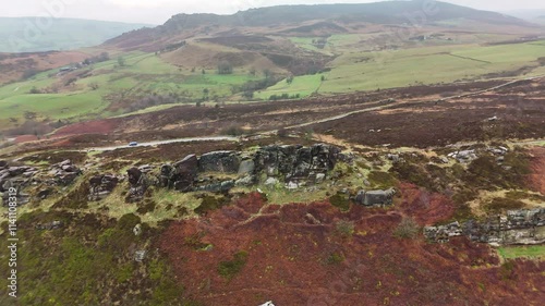 Cinematic aerial drone orbit reveal shot sequence 2 of 4 of a rugged Peak District winter landscape in the UK.