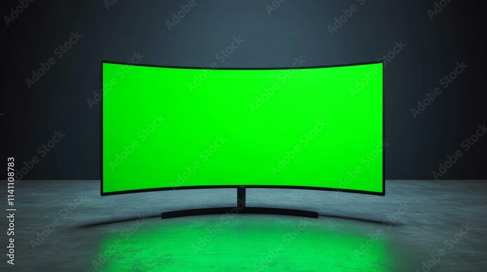 Mockup of curved TV with green screen in dark minimalist setting, ideal for presentations and design projects Mockup of curved TV with green screen in dark minimalist setting, ideal for presentations and design projects
