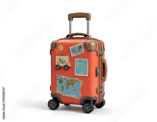 Suitcase with travel stickers 3D render icon isolated on transparent background cutout ia  photo