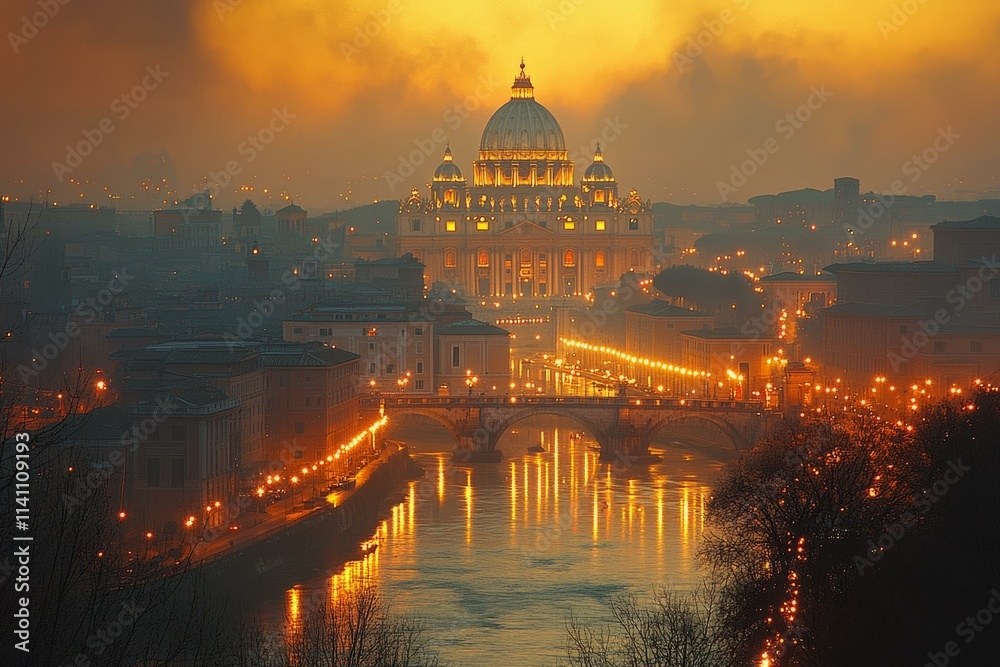Fototapeta premium Illuminated Vatican skyline at New Year: St. Peter's Basilica glowing over Tiber River, Rome, festive atmosphere