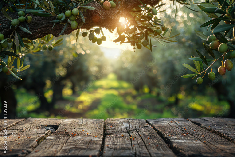 Old wooden table for product display with natural green olive field bokeh background. ,.