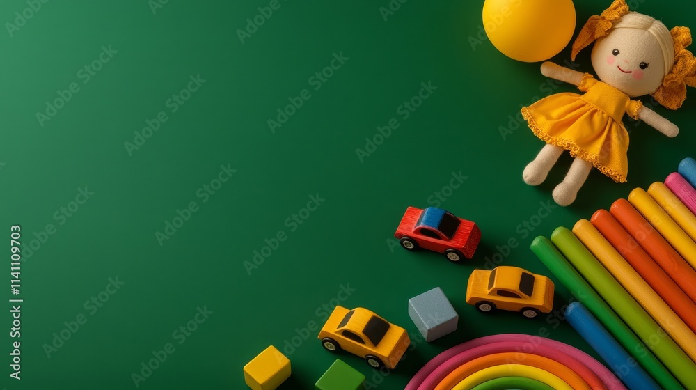 Obraz premium Cheerful composition of toy doll, handmade cars, and rainbow blocks on green background, focusing on childhood joy and vivid color contrast