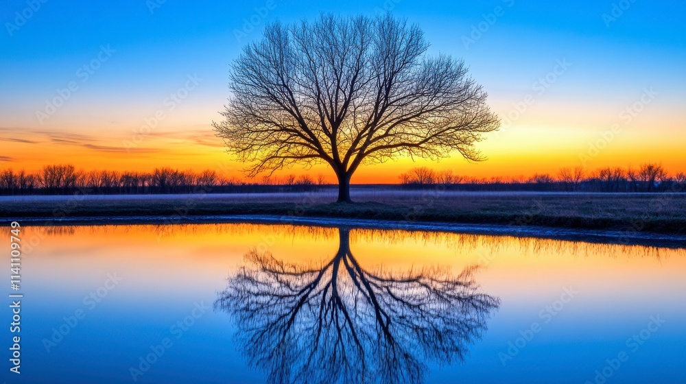 Serene Sunset Reflection with Bare Tree and Colorful Sky Serene Sunset Reflection with Bare Tree and Colorful Sky