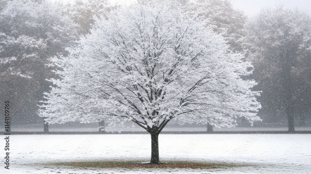 Winter Landscape with Snow-Covered Tree in Frosty Park Scene Winter Landscape with Snow-Covered Tree in Frosty Park Scene