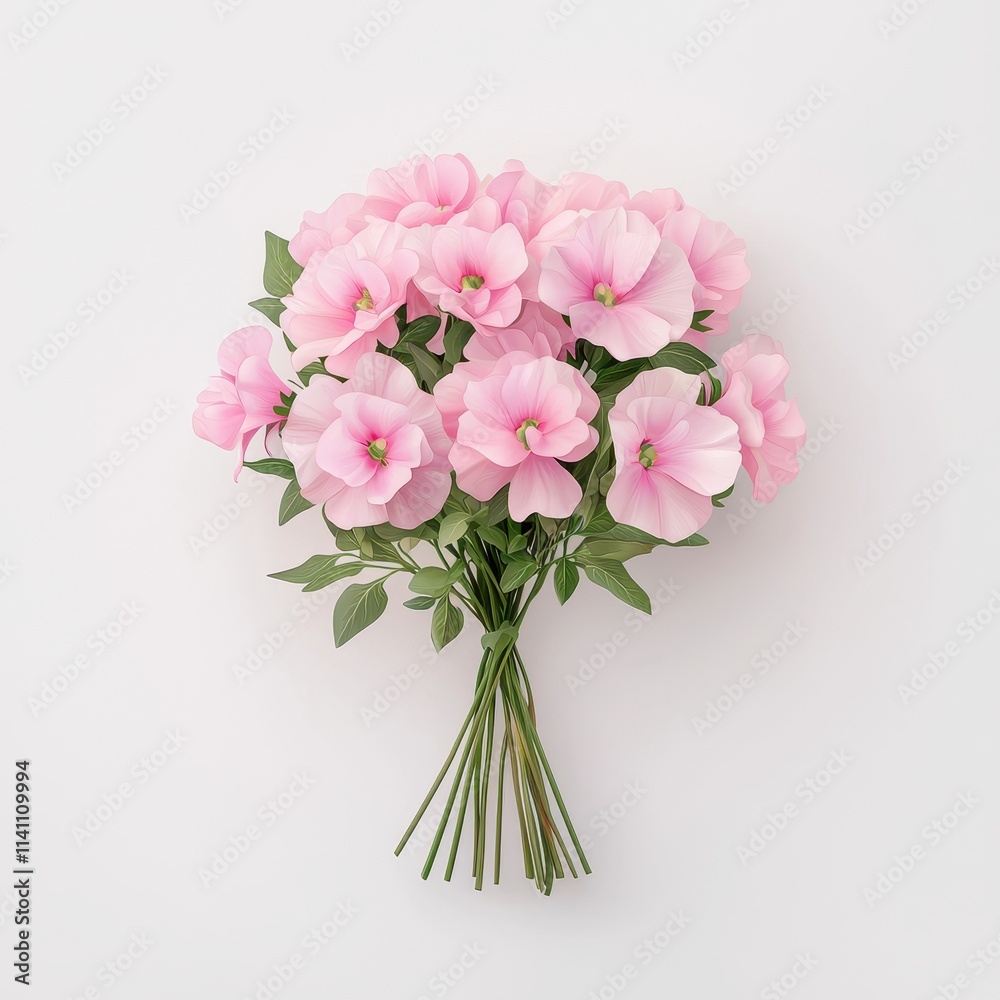 Fresh Pink Flowers Bouquet with Green Leaves on White Background Fresh Pink Flowers Bouquet with Green Leaves on White Background