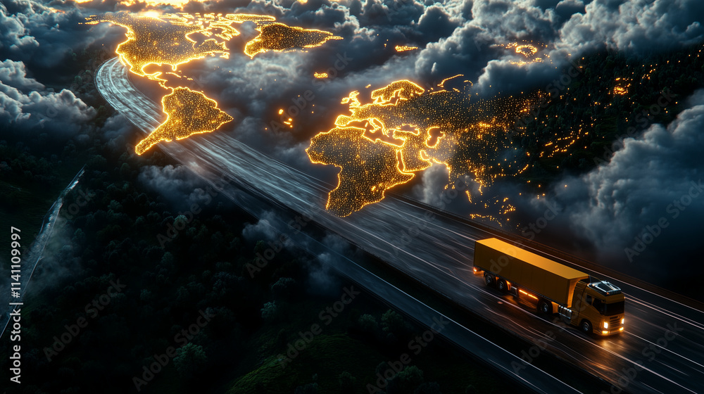 Obraz premium A dynamic image of a yellow truck speeding across a winding highway, with a futuristic world map etched into the clouds, glowing with a network of vibrant light nodes
