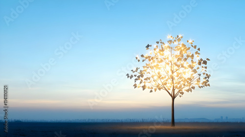 Glowing tree on a flat landscape at dawn.