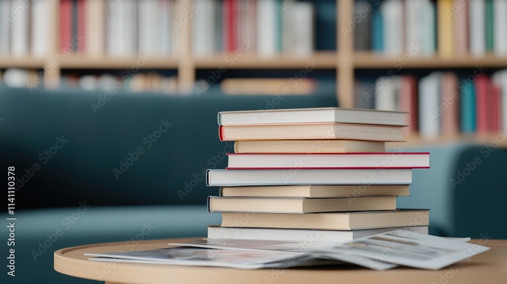 Stack of Books on Coffee Table in Modern Setting, Piles of books on table concept. Stack of Books on Coffee Table in Modern Setting, Piles of books on table concept.