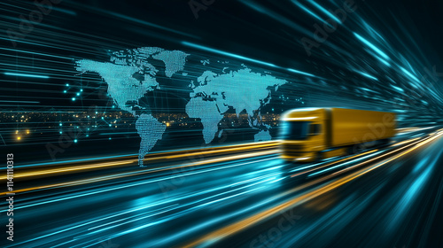 A yellow truck streaking across a minimalist highway, with a futuristic wireframe world map glowing in shades of blue and green, showcasing intercontinental digital connectivity