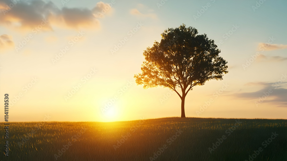 Obraz premium Solitary tree silhouetted against a vibrant sunset over a grassy field.