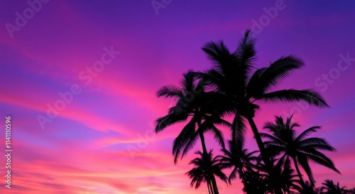 purple blue sky with palm trees, sunset