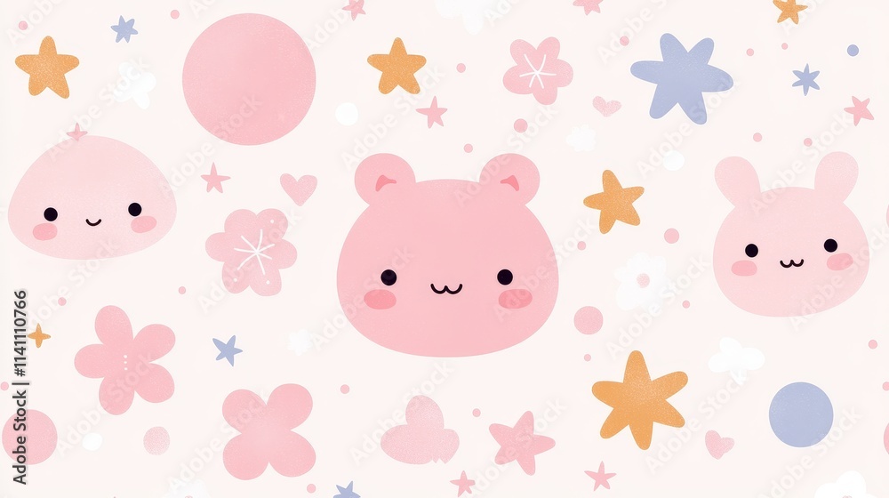 Charming doodle-inspired vector design with kid-friendly icons like trains, dolls, and flowers, pastel color scheme, perfect for children's wallpapers