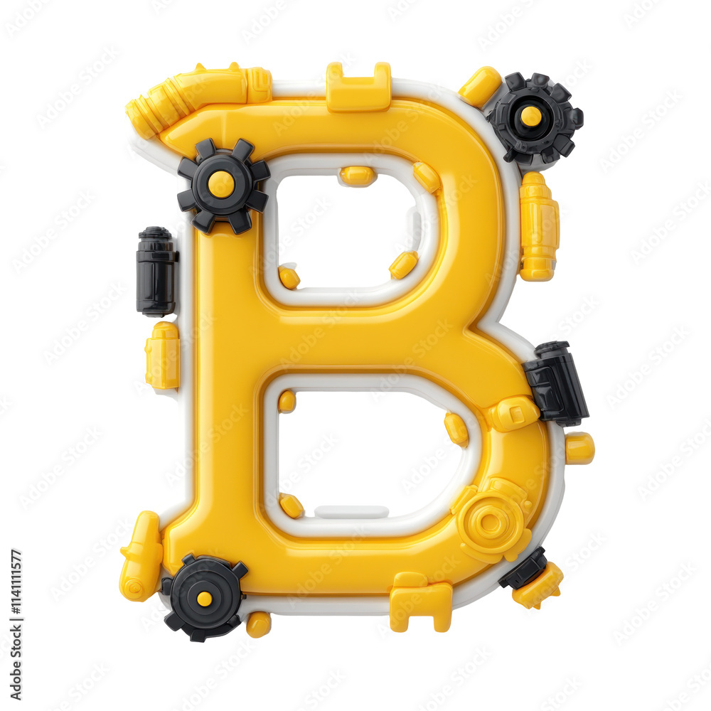 Yellow letter B created from gears, bolts and pipes on a white background. Yellow letter B created from gears, bolts and pipes on a white background.
