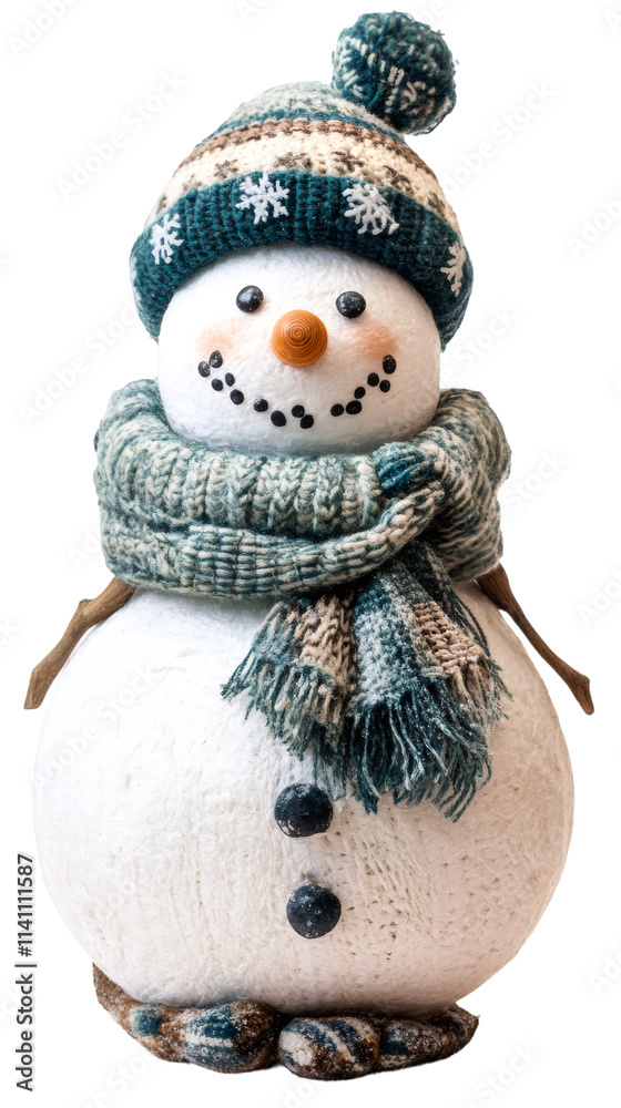 Cheerful snowman figurine with knitted hat and scarf, spreading holiday joy against a clear background Cheerful snowman figurine with knitted hat and scarf, spreading holiday joy against a clear background