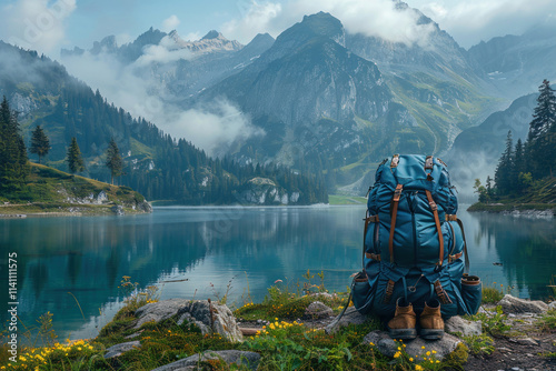 lake landscape and a large backpack with shoes,.      photo