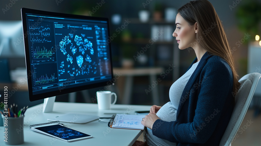 A professional pregnant woman reviewing her work on a widescreen monitor, the desk cleanly arranged with a tablet, coffee mug, and a notebook, while her belly subtly shows under he A professional pregnant woman reviewing her work on a widescreen monitor, the desk cleanly arranged with a tablet, coffee mug, and a notebook, while her belly subtly shows under he