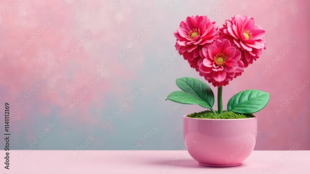A potted plant with vibrant pink flowers shaped like a heart sits against a pink background.
Concept of love. A potted plant with vibrant pink flowers shaped like a heart sits against a pink background.
Concept of love.
