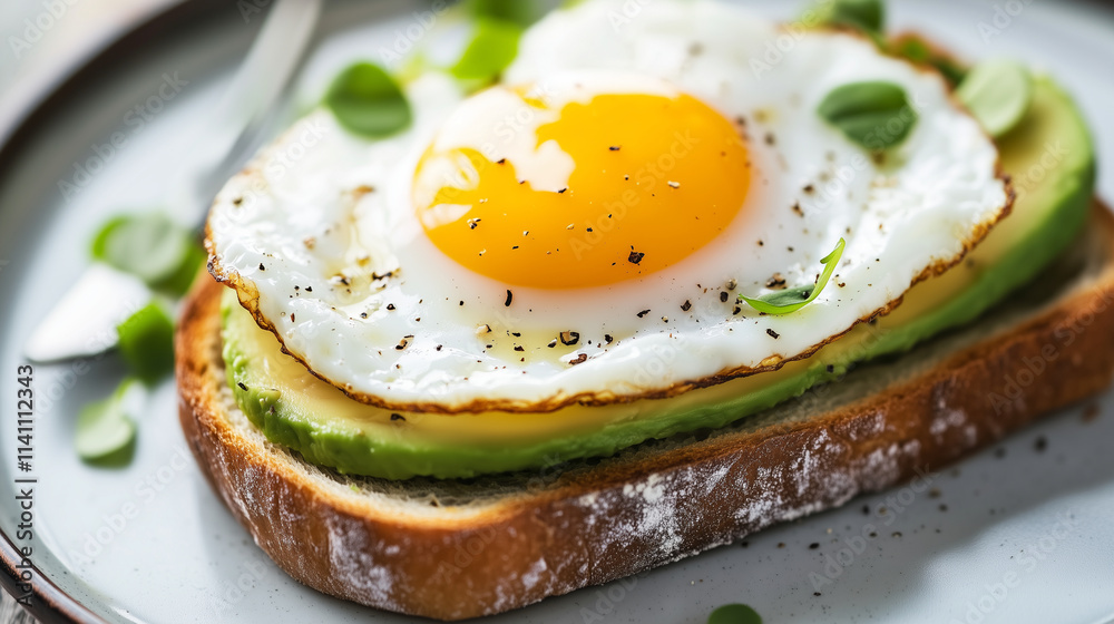 A close-up of gourmet avocado toast on artisanal sourdough, featuring a silky poached egg oozing golden yolk, adorned with fresh microgreens and drizzled with olive oil, served on A close-up of gourmet avocado toast on artisanal sourdough, featuring a silky poached egg oozing golden yolk, adorned with fresh microgreens and drizzled with olive oil, served on