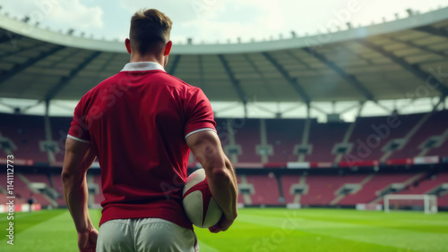 A muscular athlete with his back to the viewer holds a rugby ball, looking out at an empty stadium. Concept of sporting prowess.