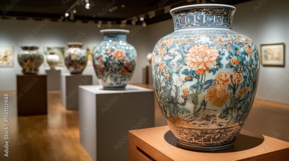 Elegant Porcelain Vases Displayed in Modern Art Gallery Setting Elegant Porcelain Vases Displayed in Modern Art Gallery Setting