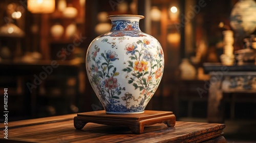 Elegant Floral Porcelain Vase on Wooden Stand in Artistic Setting