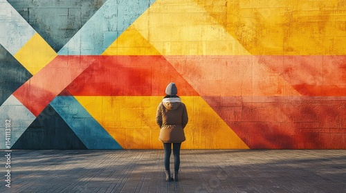 Woman standing in front of colorful urban wall art.