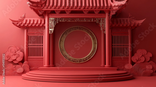Red background e-commerce product exhibition booth