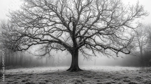 Majestic Bare Tree in Foggy Landscape with Ethereal Atmosphere