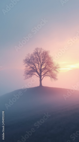 Solitary Tree on a Misty Hilltop with a Serene Pastel Sunrise Sky – Phone Wallpaper HD