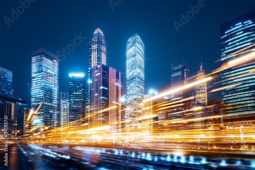 A city skyline at night with glowing skyscrapers and global network lines, representing international finance and global cities #1141113761