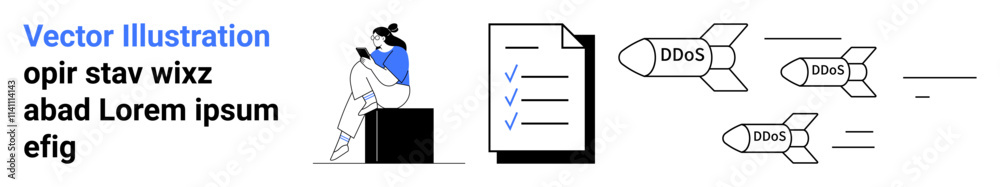 Woman sitting and using smartphone, checklist with checkmarks, multiple missiles labeled DDOS flying towards target. Ideal for technology, cyber security, threats, online safety, crisis management Woman sitting and using smartphone, checklist with checkmarks, multiple missiles labeled DDOS flying towards target. Ideal for technology, cyber security, threats, online safety, crisis management