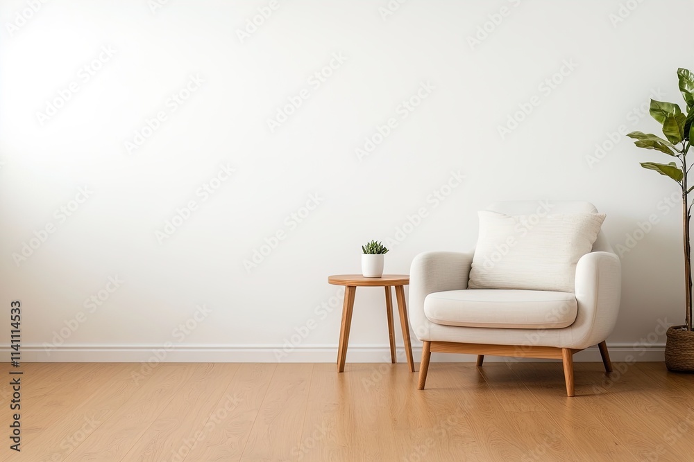 Simple and modern living room setup featuring a cozy chair, side table, and indoor plant Simple and modern living room setup featuring a cozy chair, side table, and indoor plant