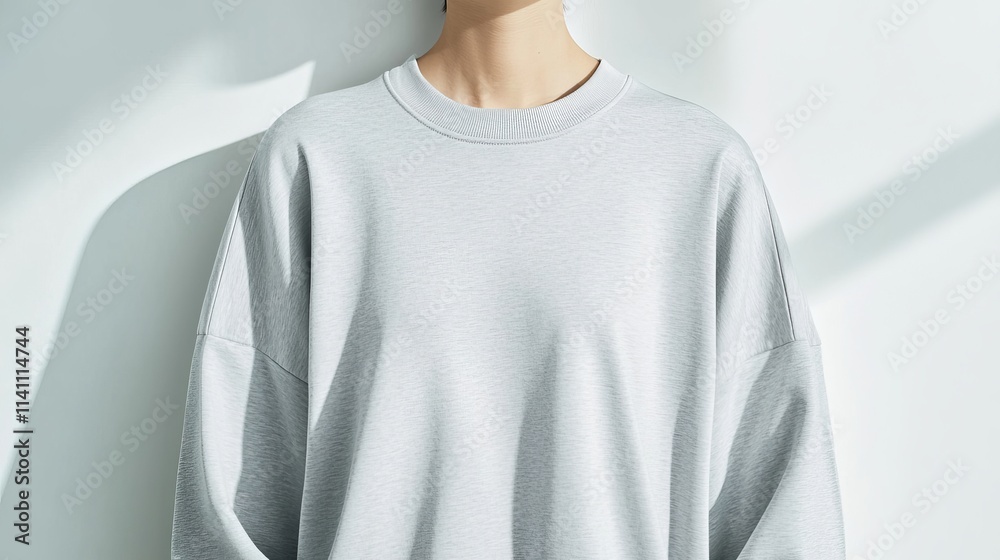 Blank gray long sleeve t-shirt displayed on a hanger against a white wall, realistic shadows and creases for a lifelike apparel presentation Blank gray long sleeve t-shirt displayed on a hanger against a white wall, realistic shadows and creases for a lifelike apparel presentation